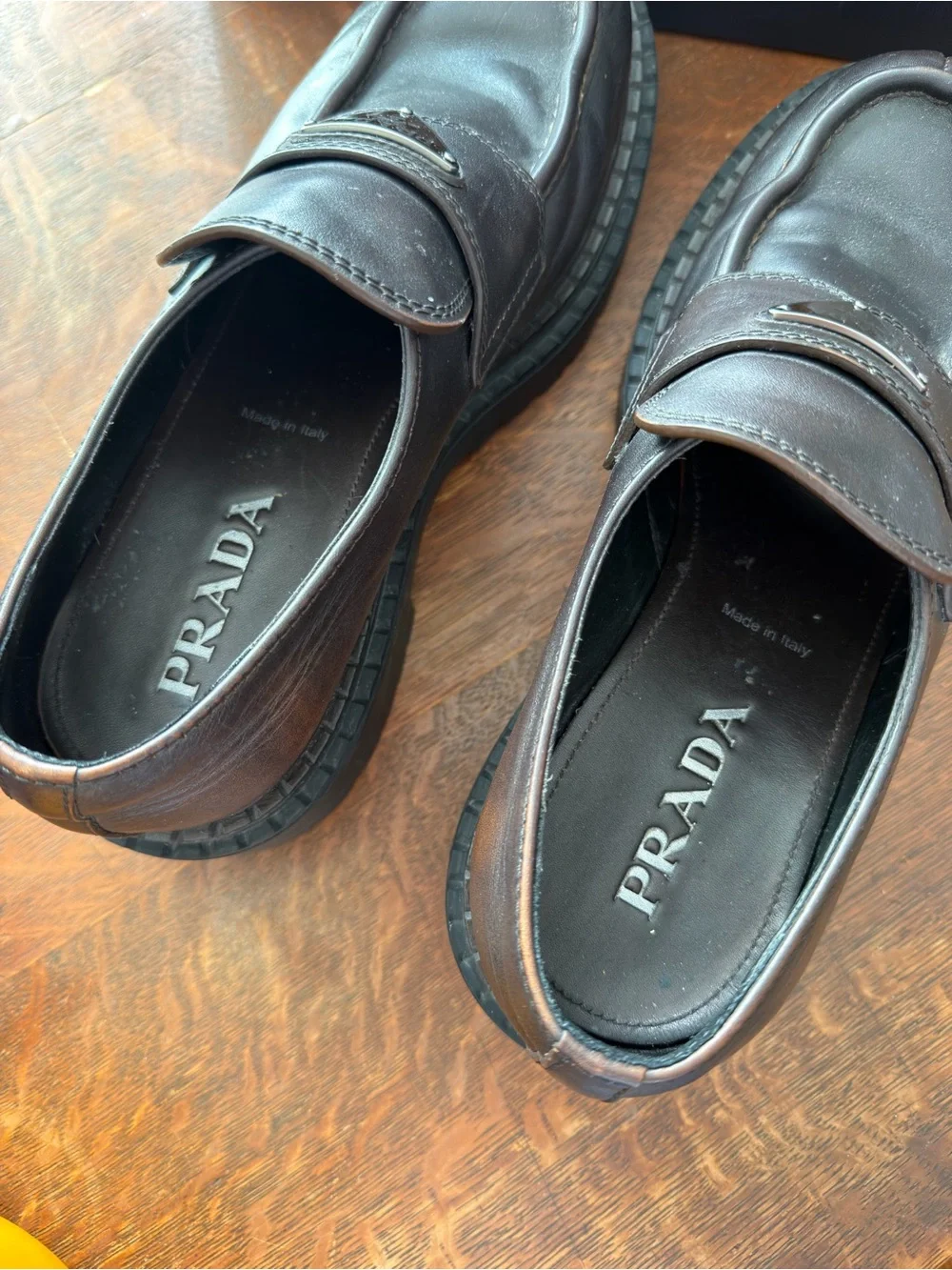 Prada Dark Brown Leather Penny Loafers with Logo Plaque